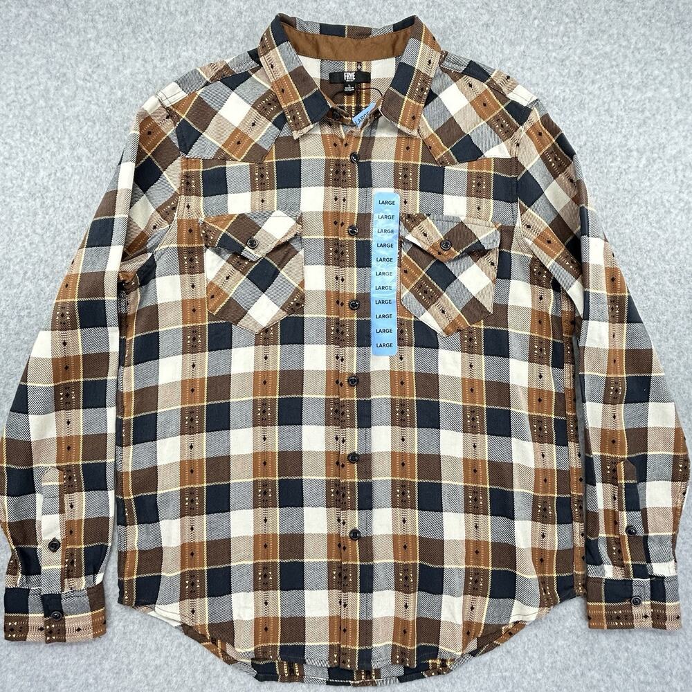 Frye Jacquard Flannel Shirt Men's Size Large Brown Plaid Button Up NEW Read